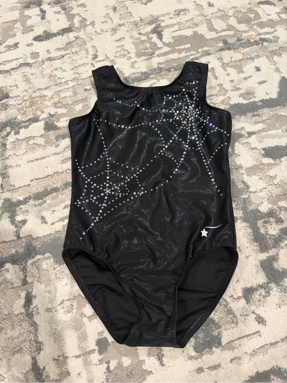 Black Sparkle Kids Gymnastics Bodysuit with Rhinestone Star Design
